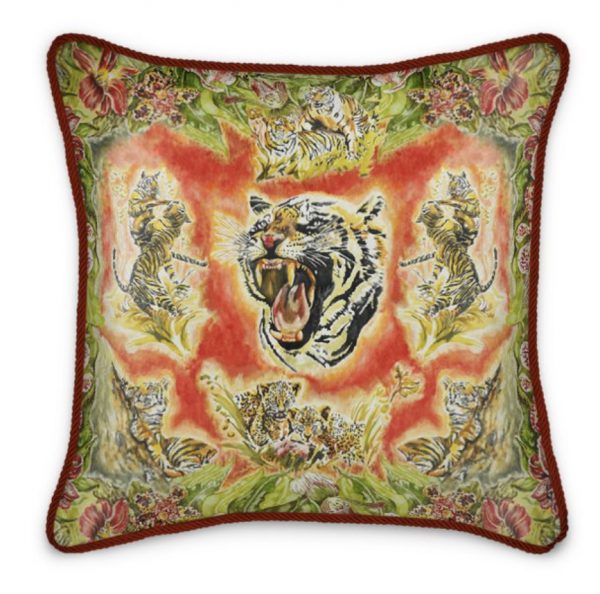 Ginny Litscher interior design silk cushion Zürich designer colorful tiger drawing tigercushion with red trimming hand drawn art swiss artist architonic vogue living bedroom inspiration living room ideas how to upgrade your home decor