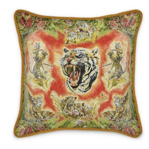 Ginny Litscher interior design silk cushion Zürich designer colorful tiger drawing tigercushion with yellow trimming hand drawn art swiss artist architonic vogue living bedroom inspiration living room ideas how to upgrade your home decor